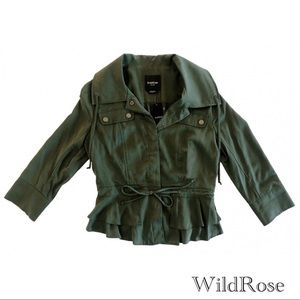 NEW BEBE “Into the Wild” Military Green 3/4 Sleeve Snap Ruffle Hem Blazer SZ S
